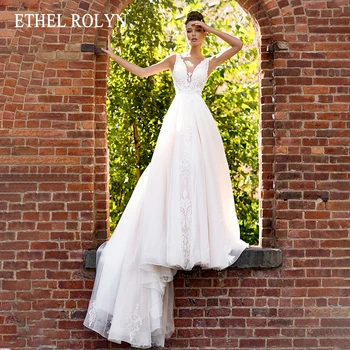 ETHEL ROLYN-Line Vestuvių Suknelė iki 2022 m. Žavinga Backless Duobute Appliques Nuotaka V-Kaklo, Rankovių Šviečia Princesė Vestuvių Suknelė