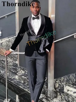 Thorndike 2022 Naujo Stiliaus Juodo Aksomo Pasirinktinis Dydis Mados Šalies Vyrų Jaunikis Vestuvių Smokingas Atvartas Švarkas 2 Dalių Komplektas