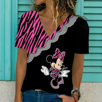 Nauja Vasaros Moterų Disney Minnie Mouse Spausdinti Marškinėliai Street Atsitiktinis Palaidų T Shirt Ladies V Kaklo Leopard Print T Shirt Viršų