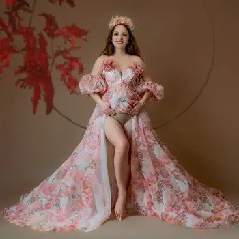 Pavasarį, Pink Gėlių Spausdinti Motinystės Suknelė Photoshoot Padalinta Ilgai Prom Chalatai Chalatai Padažu Nėštumo Babyshower Chalatas