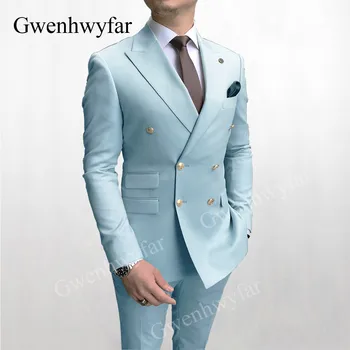 Gwenhwyfar Dangus Mėlynas Vyrų Kostiumai Dvigubo Breasted 2020 Naujausias Dizaino Aukso Mygtuką Jaunikis Vestuvių Tuxedos Geriausią Kostiumų Homme 2 Vnt