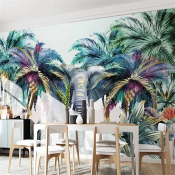 wellyu Ranka-dažytos miško gyvūnai tropinių augalų dramblys kokoso medžio fone sienos užsakymą didelis aplinkos tapetai