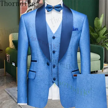 Thorndike Užsakymą Groomsmen Mėlyna Modelis Jaunikis Tuxedos Piko Atvartas, Vyrų Kostiumai, Vestuvių Geriausią Vyro Švarkas ( Striukė+Kelnės+Liemenė )