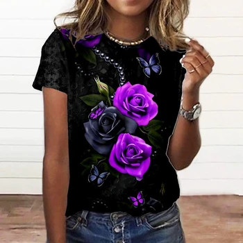 2023 Newsummer Mados MOTERIŠKI Marškinėliai 3d Gėlių Spausdinti Didelio Top MOTERIŠKI Drabužiai Dienos Top Moterų trumpomis Rankovėmis T-Shirt