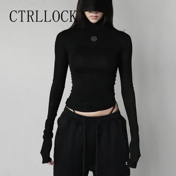 CTRLLOCK Elegantiškos Juodos ilgomis Rankovėmis Golfo marškinėliai Rudenį Slim Juoda Siuvinėjimas Tee Techwear