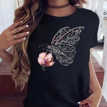 Moterims Gėlių Drugelis Mados Spausdinti Marškinėliai Atsitiktinis Trumpas Rankovės Ponios T Tee Moterų Top Marškinėliai Moteriški Drabužiai Grafinis T-shirt