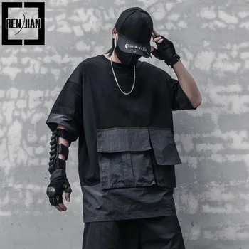 Mens Mados Techwear Marškinėliai Su Multi Kišenės Labas Street Negabaritinių Hip-Hop Tees Šortai Rankovės Taktinis Mechanikas Viršūnės
