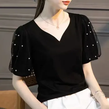Burbulas Rankovėmis marškinėliai trumpomis Rankovėmis Moterų 2023 Vasaros Naujųjų Slim V-Kaklo Zawalcowany prancūzų Stiliaus Elegantiškas Universalus Viršūnes Ponios Tees