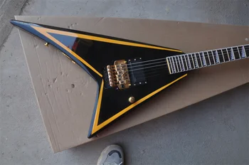 Svetimų V formos 24-frets dukart purtyti elektrinė gitara malabaro geltona ir juoda Aktyvus pikapas nekilnojamojo nuotraukos sandėlyje 202232
