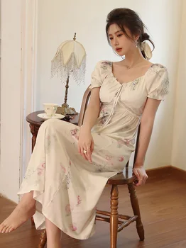 Moterų prancūzų Princesė Nightgowns Pižama Sleepwear Šilko Vasaros trumpomis Rankovėmis Nėriniai-up Rose Spausdinamos Pasakos Saldus Ruffles Naktį Suknelė