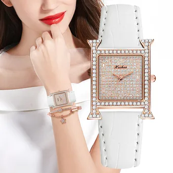 Prabanga Ponios Prekės Laikrodžiai Mados Aikštė Diamond Pilnas Žvaigždžių Lady Kvarco Žiūrėti Atsitiktinis Oda Moterų Suknelė Laikrodžiai Wristwatche