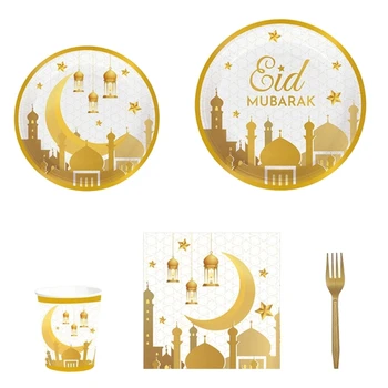 Popieriaus Plokštės Servetėlės Puodeliai Audinių Rinkinys Ramadanas ir Eid Rinkti Rekvizitai Balta ir Aukso Eid Mubaras Ženklas