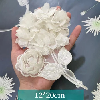 Organza Baltųjų Gėlių Aplikacijos Didelis Šifono Gėlių Pleistras Drabužių 3D trimatis Organza Siuvinėjimo Pleistras Nėrinių Audinys