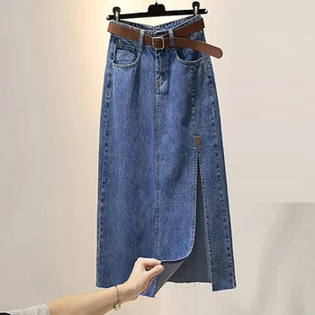 Džinsinio audinio viduryje ilgis high waisted-line sijonas drabužių šiek tiek Strech Palaidi Tinka sijonai moterims, klostuotas sijonas