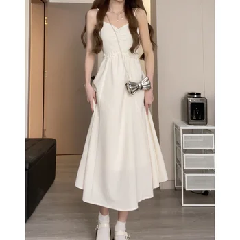 Vasarą Balta Suknelė Moterų Backless Suknelė Be Rankovių Temperamentas Seksualus Korėjos Mados Suspender Paprastas Atsitiktinis 2023 Ilga Suknelė