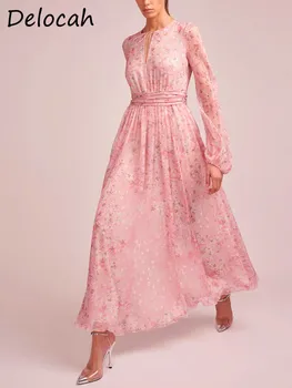 Delocah Aukštos Kokybės Vasaros Moterų Mados Kilimo Ir Tūpimo Tako Ilga Suknelė Vintage Spausdinti O-Kaklo Nėrinių Tuščiaviduriai Iš Aukšto Juosmens Slim Pink Suknelės