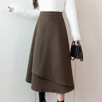 Rudenį, Žiemą Ponios Vidutinio Ilgio Elegantiškas Atsitiktinis Aukšto Juosmens Asimetrinė Vilnonis Sijonas Faldas Mujer Moda 2023 Korėjos Stiliaus A242