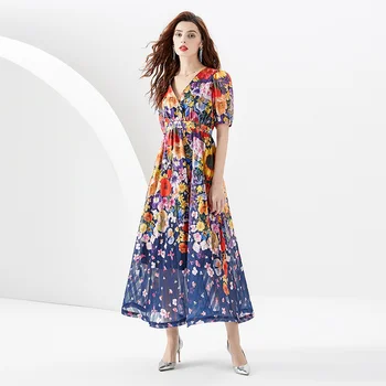 2023 Derliaus Vasaros Atostogų Maxi Suknelė Bohemijos Moterų V-Kaklo Gėlių Spausdinti Šifono Aukštos Elastinga Juosmens Gėlių Atostogų Ilgai Skraiste