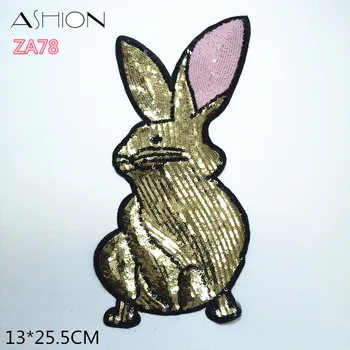 ASHION 13*25,5 CM siūti Blizgučiais pleistras didelis Motyvas, Siuvinėtos aplikacijos Golden rabbit lopai drabužių priedai lipdukai