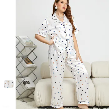 Didelis Dydis XL-5XL Moterų Pižama Vasaros Spalvos Mylinti Širdis Spausdinti Satino Trumpas Rankovės Marškinėliai Kelnių Kostiumas Atsitiktinis Pijamas Homewear