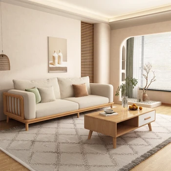 Kremas stiliaus medžio masyvo audinio sofos šiuolaikinės paprastas trijų vietų mažus kambarį Šiaurės Japonų stiliaus žurnalo stiliaus sofa
