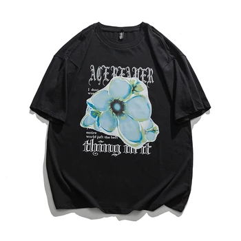 Vyrai Hip-Hop Marškinėliai Streetwear Harajuku Gėlių Raštas Atspausdintas T-Shirt Vasaros Trumpomis Rankovėmis Marškinėlius Birios Vatos Pagaliukai Tees HipHop