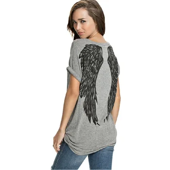 Marškinėliai Moterims 2019 Unikalus Angelas Sparnų Atgal Spausdinti Kairiojo Peties Roll Rankovės Laisvi marškinėliai Vestidos moteriški Drabužiai MP190