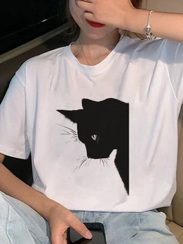 2022 Nauji Marškinėliai Drabužių Moterims Vasaros Drabužių Ponios Spausdinti Grafinis Tee Black Cat Spausdinimo Mados Trumpas Rankovės Tendencija Atsitiktinis