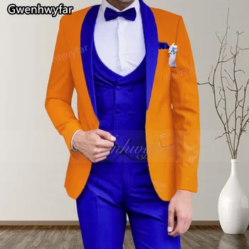 Gwenhwyfar Skara Atvartas Dizaino vyriški Kostiumas Orange 3 Gabalas vyriški Striukė, Kelnės Užsakymą Mados Jaunikis Vestuvių Kostiumas, Smokingas Švarkas Tiktų